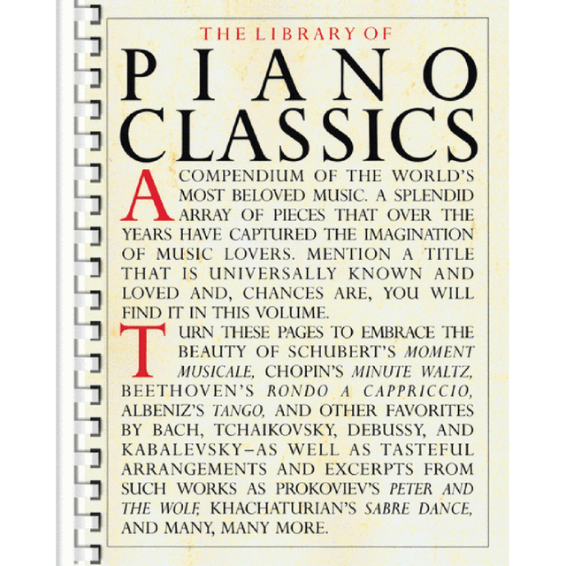 The image shows the cover page of "The Library of Piano Classics," a spiral-bound music book featuring piano arrangements of famous classical pieces by composers like Schubert, Chopin, Beethoven, Albéniz, Bach, Tchaikovsky, Debussy, Kabalevsky, Prokofiev, and Khachaturian. It serves as an accessible collection for piano students and enthusiasts, with pieces arranged to lie flat on a music stand.