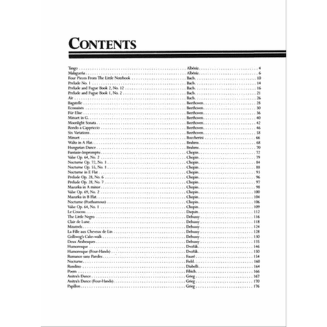 The image shows a table of contents from a classical piano sheet music collection, listing compositions alphabetically by composer. Included are works by Albéniz, Bach, Beethoven, Brahms, Chopin, Debussy, Dvořák, Field, and others. Pieces such as Für Elise, Clair de Lune, Fantaisie-Impromptu, and Moonlight Sonata are featured, with page numbers. The anthology spans Baroque to early Modern periods, aimed at intermediate to advanced players.
