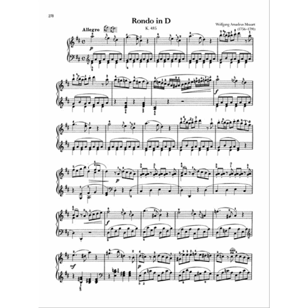 The image shows a page of Mozart’s "Rondo in D," K. 485, marked "Allegro" and numbered 278. Written for piano with grand staff notation, it’s in D major (two sharps). The score features classical elements like ornate melodies, Alberti bass, dynamics, articulation, and phrasing, reflecting Mozart’s style. It appears from an advanced piano collection, showcasing this well-known 1786 solo piano work.