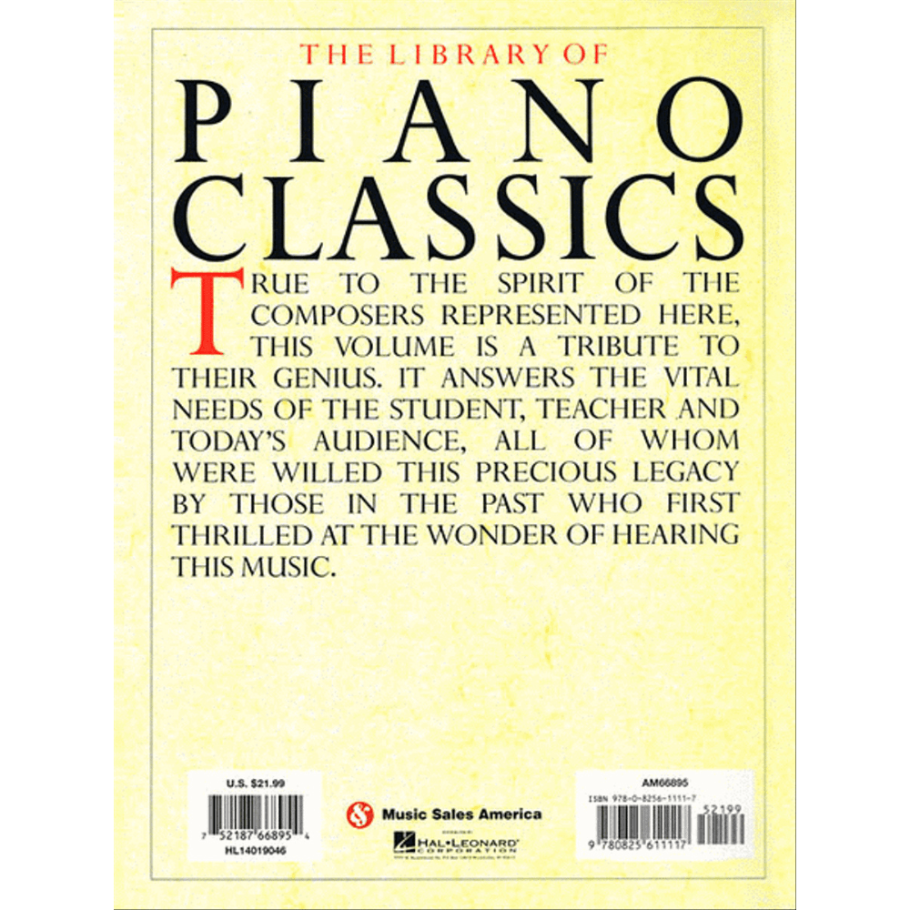The image shows the back cover of a piano music book titled "THE LIBRARY OF PIANO CLASSICS." It features descriptive text highlighting the book as a tribute to composers' genius and a valuable resource for students, teachers, and audiences of classical piano music. Publisher details include Hal Leonard, Music Sales America, the price ($21.99), ISBN, and product codes on a cream/yellow background.