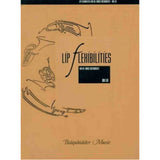 The image shows the cover of a music instruction book titled "Lip Flexibilities" by Balquhidder Music. It features line drawings of brass instruments including a French horn, tuba, trumpet, and trombone around the title. The book is marked "for all brass instruments" and "No. 1," indicating it is a foundational exercise book for developing embouchure flexibility and technique.