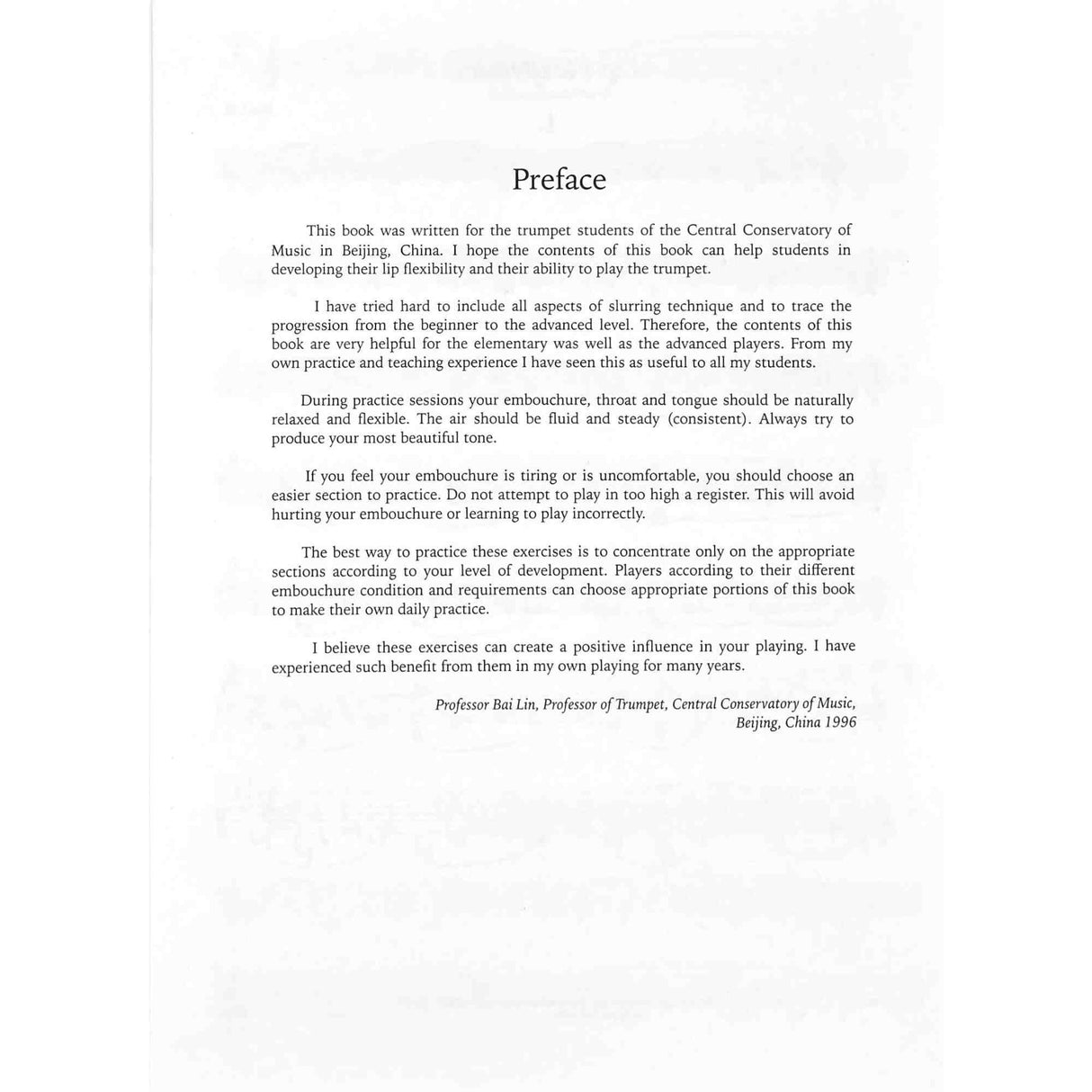 The image shows a preface page from a 1996 trumpet instructional book by Professor Bai Lin of Beijing's Central Conservatory of Music. It focuses on trumpet techniques such as slurring, lip flexibility, embouchure, and breathing. Designed for students from beginner to advanced, the material offers guidance and exercises to improve technical skills and playing ability.