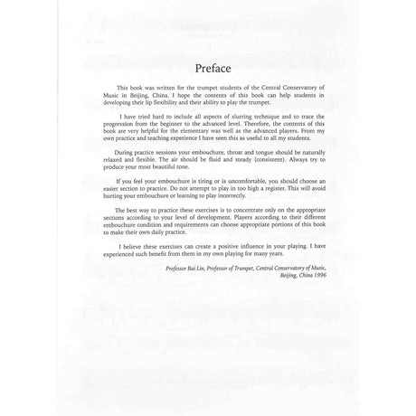 The image shows a preface page from a 1996 trumpet instructional book by Professor Bai Lin of Beijing's Central Conservatory of Music. It focuses on trumpet techniques such as slurring, lip flexibility, embouchure, and breathing. Designed for students from beginner to advanced, the material offers guidance and exercises to improve technical skills and playing ability.