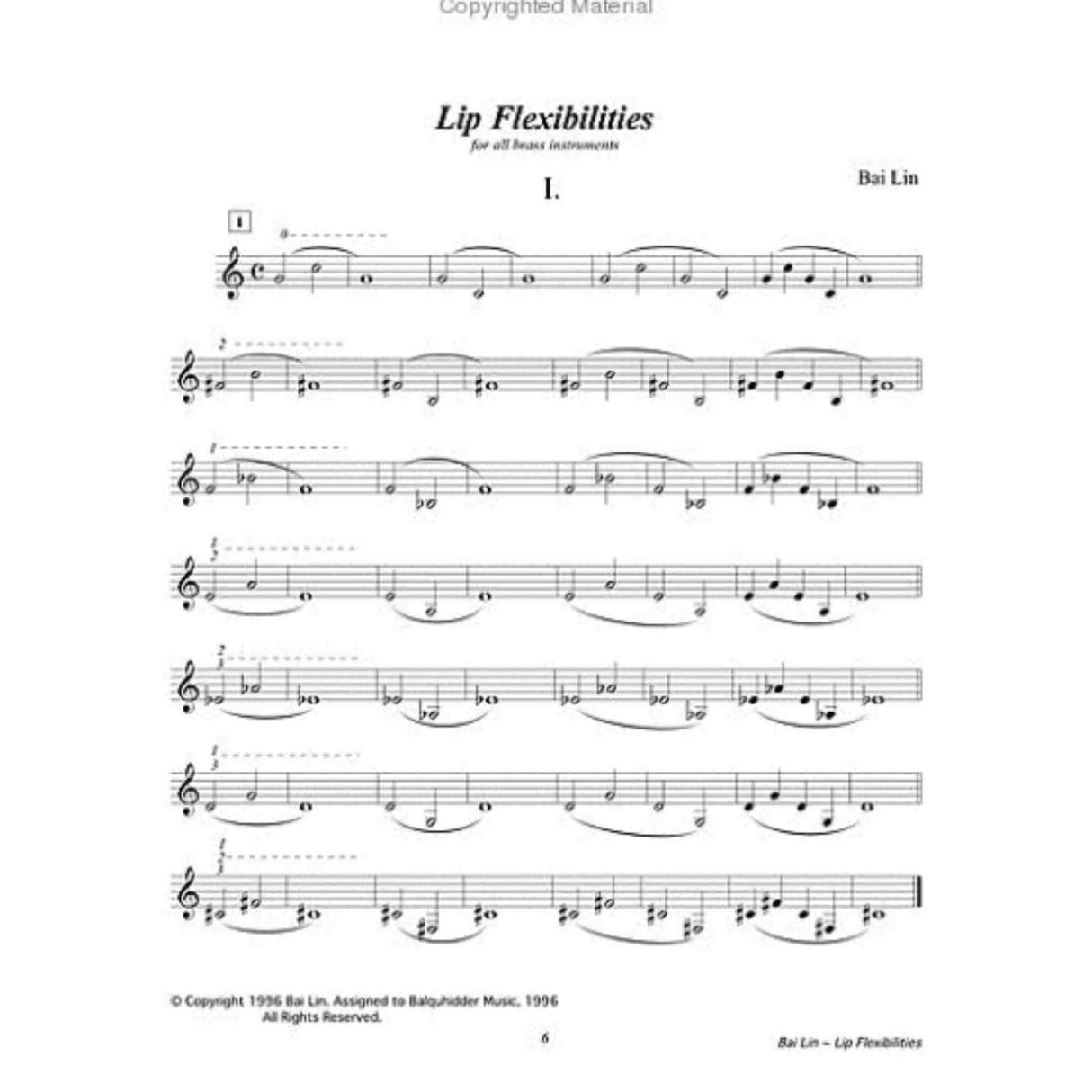 The image shows a page from Bai Lin's "Lip Flexibilities for all brass instruments," featuring Exercise I with seven lines of treble clef notation. The slurred exercises use sustained notes and various keys to develop brass players' embouchure flexibility and smooth pitch transitions. The page is from the 1996 BellyHolder Music method book, page 6.