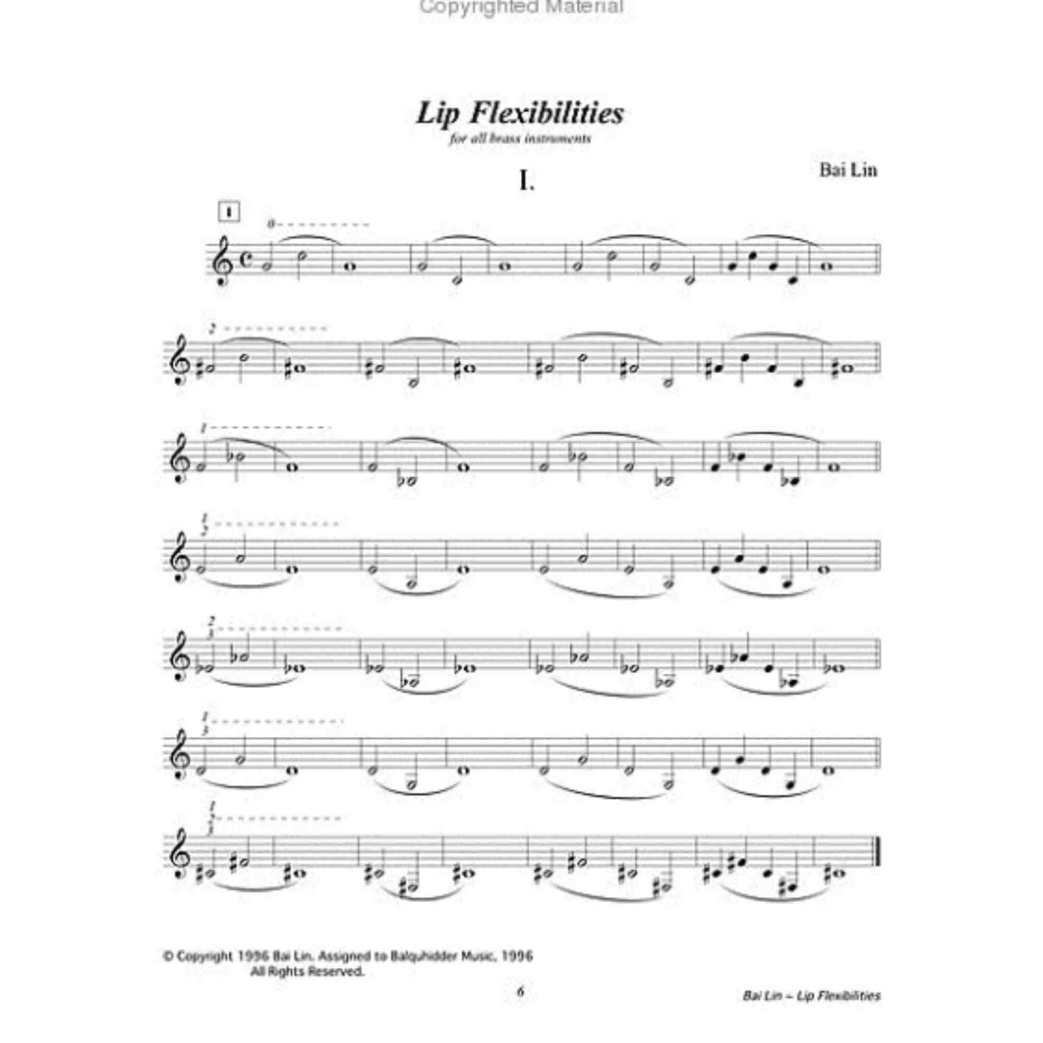 The image shows a page from Bai Lin's "Lip Flexibilities for all brass instruments," featuring Exercise I with seven lines of treble clef notation. The slurred exercises use sustained notes and various keys to develop brass players' embouchure flexibility and smooth pitch transitions. The page is from the 1996 BellyHolder Music method book, page 6.