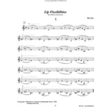 The image shows a page from Bai Lin's "Lip Flexibilities for all brass instruments," featuring Exercise I with seven lines of treble clef notation. The slurred exercises use sustained notes and various keys to develop brass players' embouchure flexibility and smooth pitch transitions. The page is from the 1996 BellyHolder Music method book, page 6.