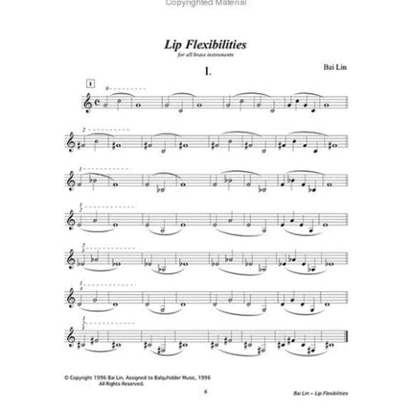 The image shows a page from Bai Lin's "Lip Flexibilities for all brass instruments," featuring Exercise I with seven lines of treble clef notation. The slurred exercises use sustained notes and various keys to develop brass players' embouchure flexibility and smooth pitch transitions. The page is from the 1996 BellyHolder Music method book, page 6.