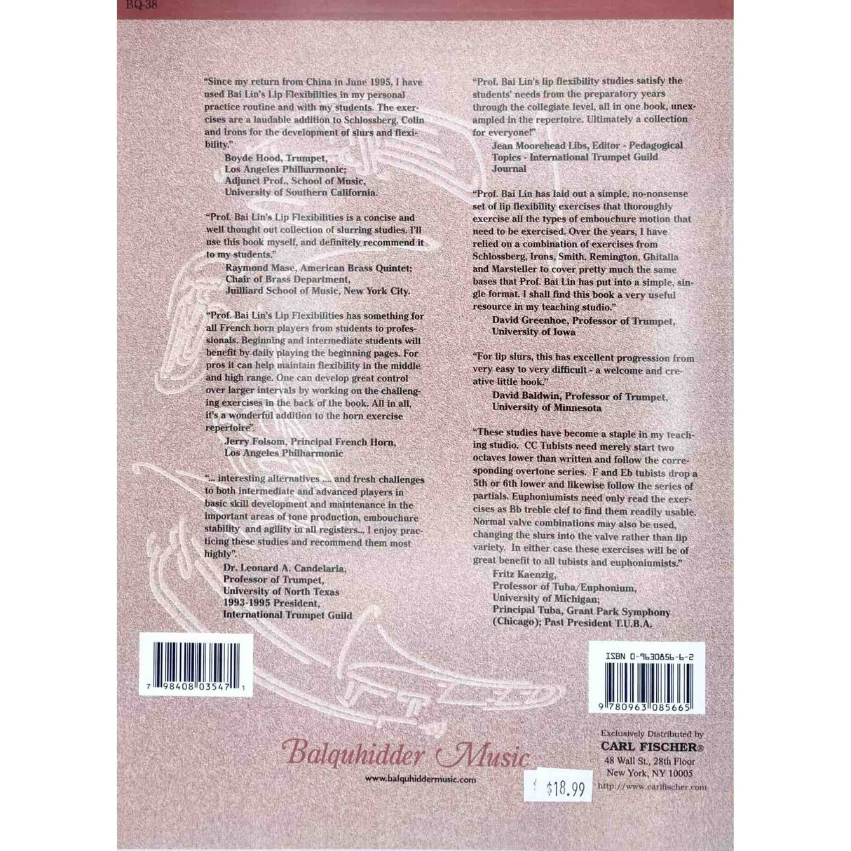 The image shows the back cover of "Lip Flexibilities" by Prof. Bai Lin, a method book for trumpet, French horn, and brass instruments focused on lip flexibility and embouchure development. It features testimonials from notable brass musicians and educators, publisher Carl Fischer Music, distributor Balquhidder Music, and a price of $18.99. The book is praised as a respected educational resource for developing brass technique across all levels.