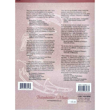 The image shows the back cover of "Lip Flexibilities" by Prof. Bai Lin, a method book for trumpet, French horn, and brass instruments focused on lip flexibility and embouchure development. It features testimonials from notable brass musicians and educators, publisher Carl Fischer Music, distributor Balquhidder Music, and a price of $18.99. The book is praised as a respected educational resource for developing brass technique across all levels.