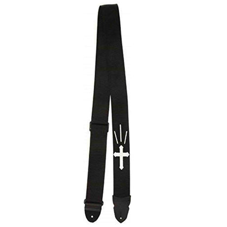 The image shows a black woven guitar strap with adjustable length and leather end tabs for attaching to a guitar. It features a white cross or religious symbol in the center. Designed to be worn over the shoulder, the strap supports the instrument while standing, providing comfort and security for guitarists during performance.