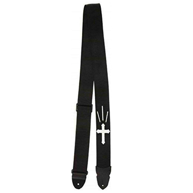 The image shows a black woven guitar strap with adjustable length and leather end tabs for attaching to a guitar. It features a white cross or religious symbol in the center. Designed to be worn over the shoulder, the strap supports the instrument while standing, providing comfort and security for guitarists during performance.