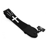 The image shows a black guitar strap made of durable fabric with white cross or plus sign designs. It features an adjustable length and a small black tag that reads "Made in the USA." This standard-width strap is designed to support electric and acoustic guitars, distributing the instrument’s weight across the shoulder. Its classic black and white design offers a versatile look suitable for various guitar styles.