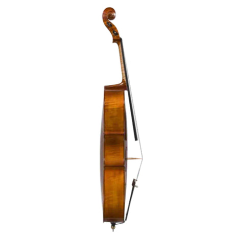 The image shows a side view of a cello, a large bowed string instrument from the violin family. Visible features include the curved scroll, tuning pegs, long neck, rich amber wooden body with visible grain, a bow resting on the strings, the tailpiece, and the metal endpin. The cello, played seated between the knees, produces warm, deep tones and is smaller than a double bass but larger than a violin or viola.