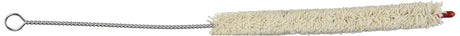 The image shows a cleaning swab for wind instruments like clarinets, oboes, or flutes. It features a long, flexible twisted metal rod with a loop handle and a fuzzy, cream-colored absorbent cotton or wool head. Designed to navigate the instrument’s bore, it removes moisture and debris to maintain sound quality and instrument longevity. Compact and essential for regular instrument care.