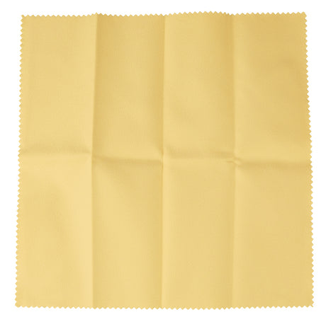 The image shows a yellow microfiber cleaning cloth with pinked edges, commonly used in the musical instrument industry. It’s soft and lint-free, ideal for cleaning guitars, pianos, brass, woodwind, and string instruments. The cloth gently removes fingerprints, dust, oils, and rosin without scratching, making it essential for maintaining and protecting delicate instrument finishes.