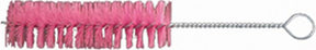 The image shows a woodwind instrument cleaning brush with a long, thin wire shaft, dense pink bristles, and a loop handle. It is designed to gently clean the interior of flutes, clarinets, oboes, and similar instruments by removing moisture and debris. The flexible wire helps navigate internal passages, while the loop handle ensures a secure grip, making it essential for maintaining woodwind instruments.