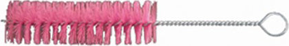 The image shows a woodwind instrument cleaning brush with a long, thin wire shaft, dense pink bristles, and a loop handle. It is designed to gently clean the interior of flutes, clarinets, oboes, and similar instruments by removing moisture and debris. The flexible wire helps navigate internal passages, while the loop handle ensures a secure grip, making it essential for maintaining woodwind instruments.