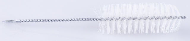 The image shows a long, thin cleaning brush for musical instruments, featuring a twisted wire shaft with white bristles at the tip arranged in a spiral pattern. It is designed to clean the interior of wind instruments like flutes, piccolos, clarinets, and oboes. The flexible wire allows it to reach curved sections, effectively removing moisture and debris to maintain instrument performance.