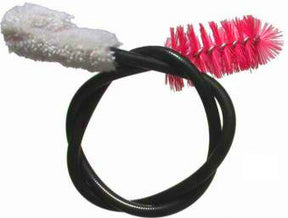 The image shows a wind instrument cleaning kit, likely for a flute or piccolo. It includes a flexible black cleaning rod, a white fluffy swab for moisture absorption, and a pink bristle brush for thorough cleaning. These tools help maintain the instrument’s interior by removing moisture and debris, preserving sound quality and preventing damage.