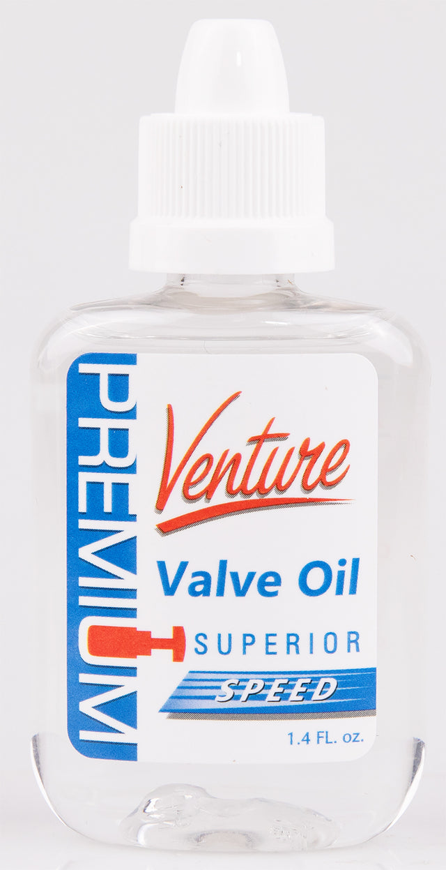 The image shows a 1.4 FL. OZ. clear plastic squeeze bottle of Venture Valve Oil, Superior Speed formula, with a white dropper cap. This specialized lubricant is used to maintain the smooth, fast movement of valves in brass instruments like trumpets, French horns, trombones, and tubas, essential for optimal performance and instrument care.