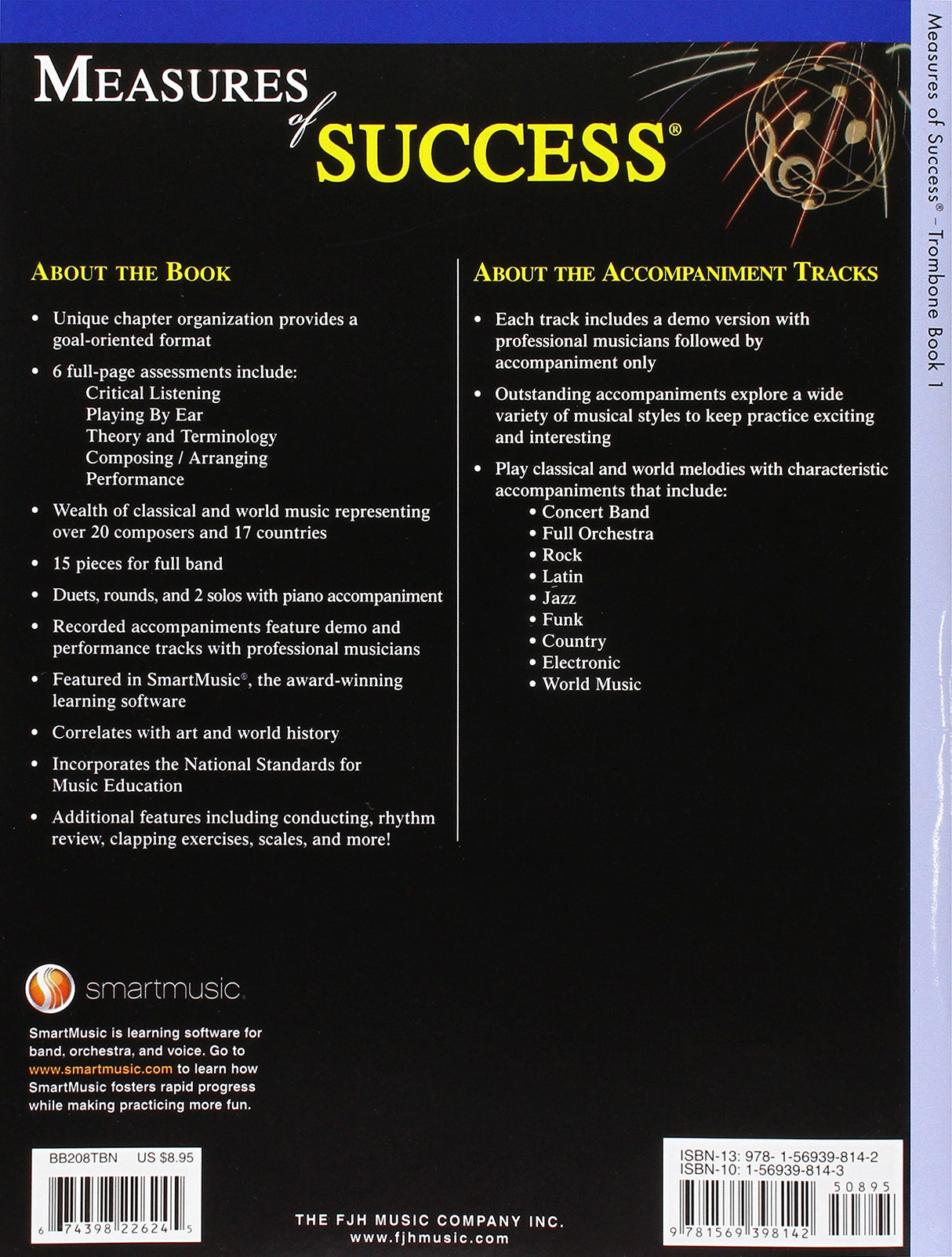 Back cover of a music book titled 'Measures of Success' with text and branding details.