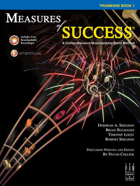 Book cover of 'Measures of Success' for trombone with colorful instrument illustration on black background