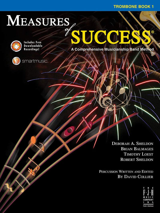 Book cover of 'Measures of Success' for trombone with colorful instrument illustration on black background