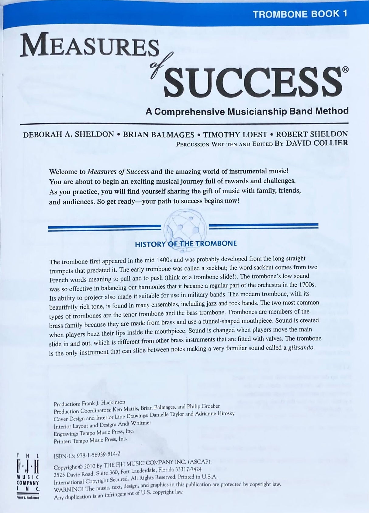 Title page of 'Measures of Success' trombone method by Deborah A. Sheldon and others.