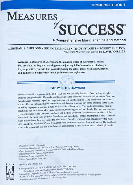Title page of 'Measures of Success' trombone method by Deborah A. Sheldon and others.