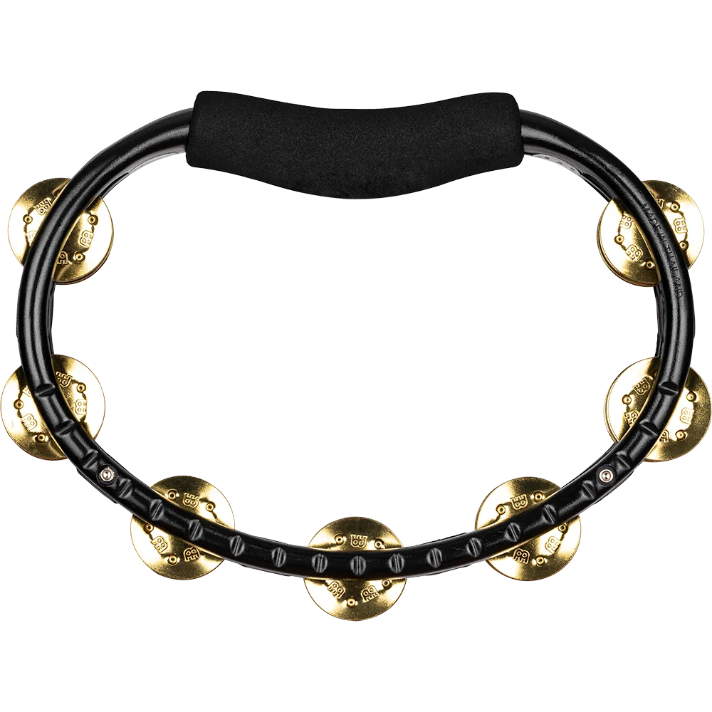 Black tambourine with gold jingles on a white background
