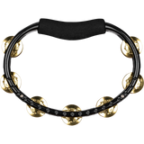Black tambourine with gold jingles on a white background