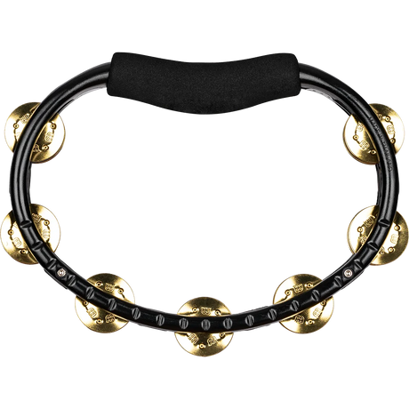 Black tambourine with gold jingles on a white background