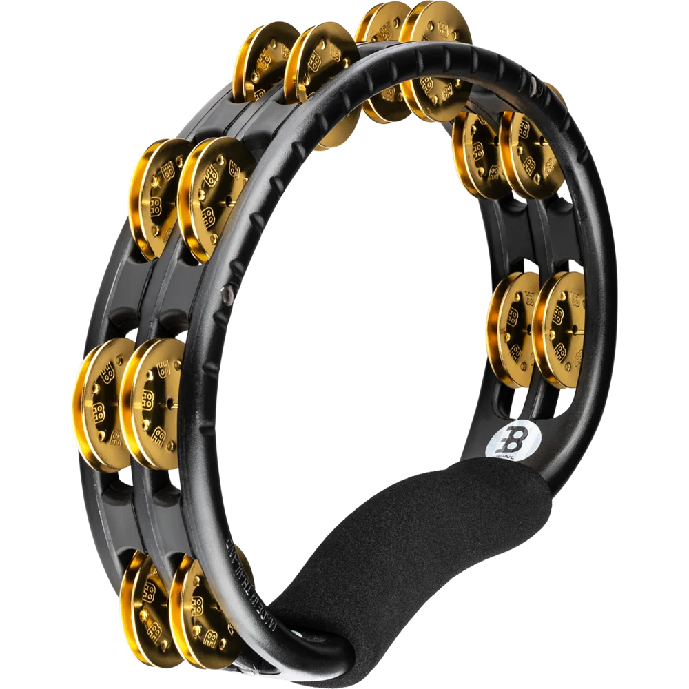 Black and gold tambourine on a white background