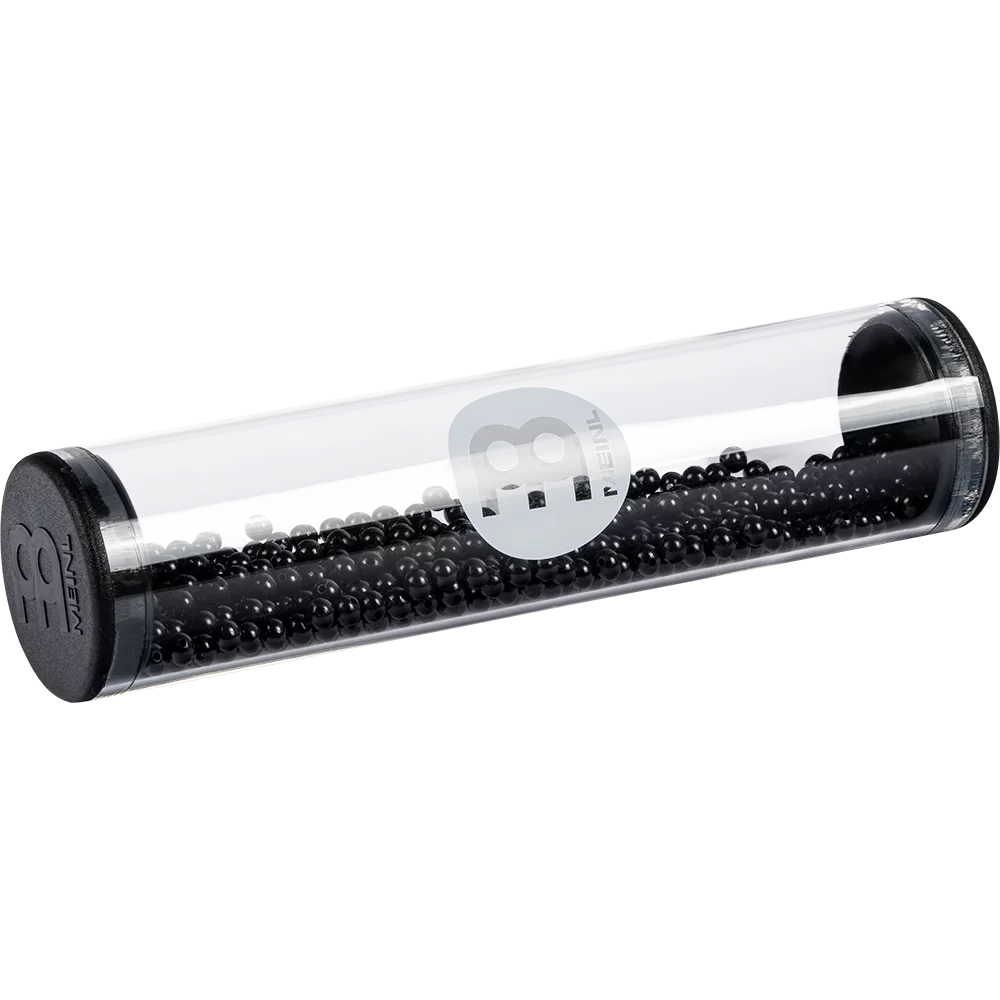 Transparent cylindrical shaker with black beads and Meinl logo on a white background