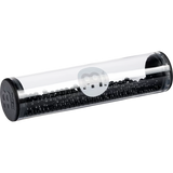 Transparent cylindrical shaker with black beads and Meinl logo on a white background