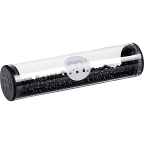 Transparent cylindrical shaker with black beads and Meinl logo on a white background