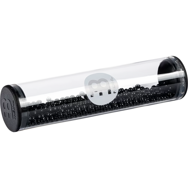 Transparent cylindrical shaker with black beads and Meinl logo on a white background