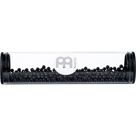Clear tube shaker with black beads and Meinl logo on a white background
