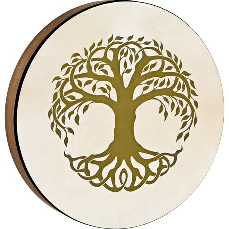 Decorative hand drum with a tree of life design on a white background