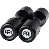 Pair of black Meinl shakers on a white background