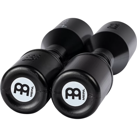 Pair of black Meinl shakers on a white background