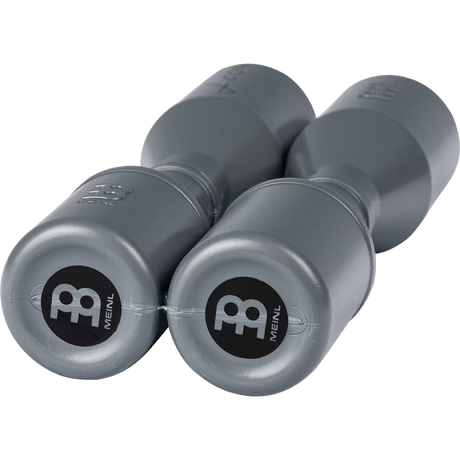 Pair of gray Meinl percussion shakers on a white background