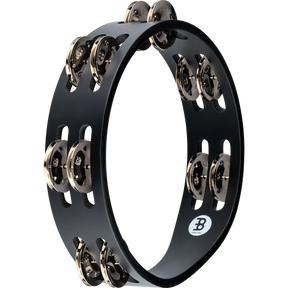 Black tambourine with metal jingles on a white background