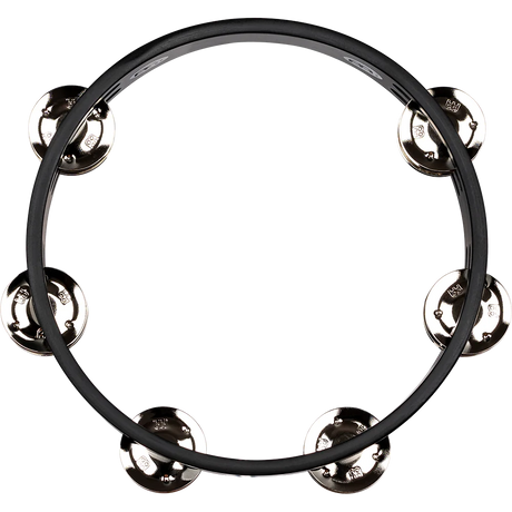 Black tambourine with silver jingles on a white background