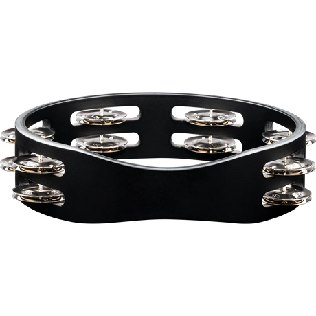 Black tambourine with silver jingles on a white background