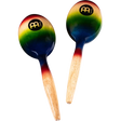 Pair of colorful maracas with wooden handles on a white background