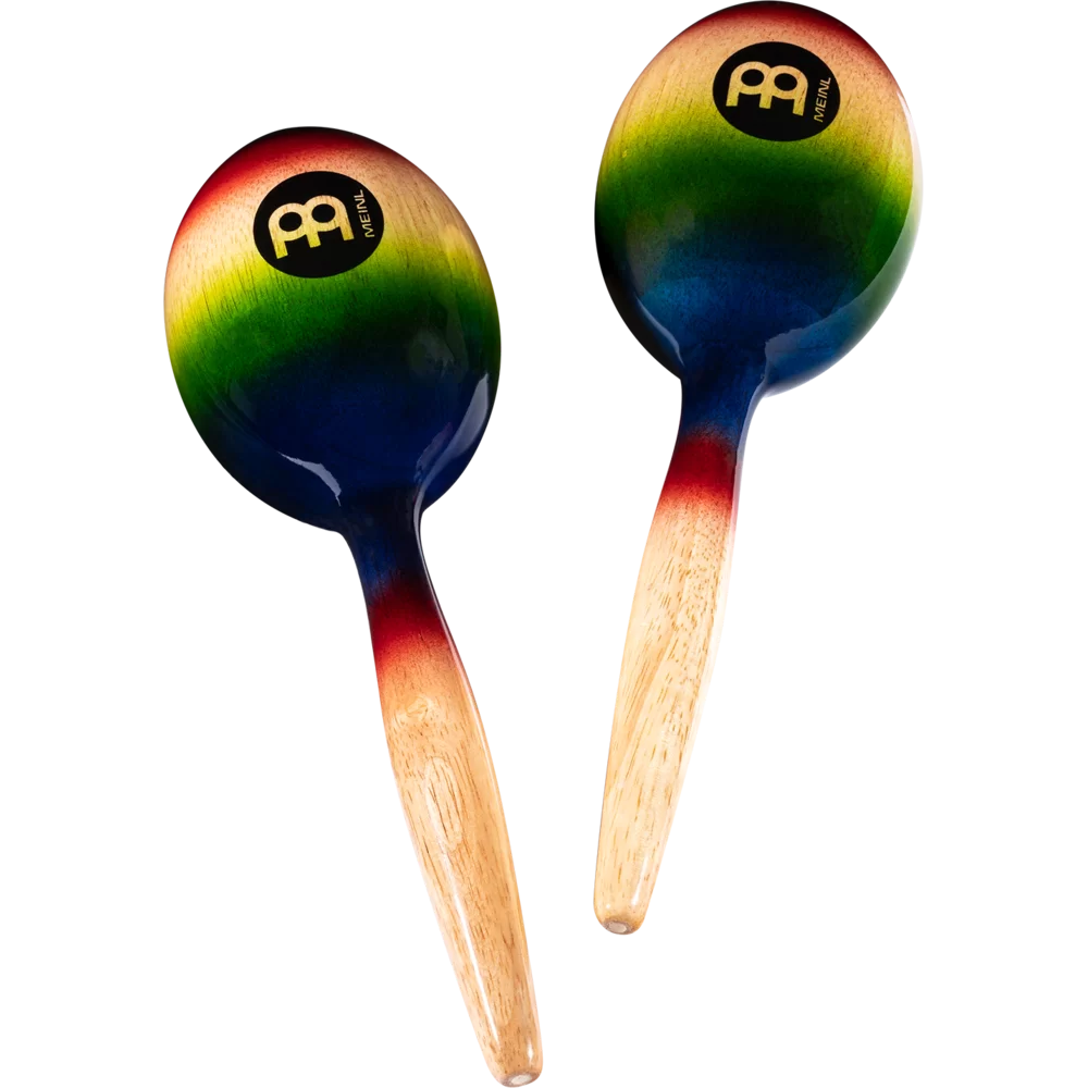 Pair of colorful maracas with wooden handles on a white background