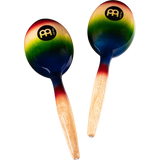 Pair of colorful maracas with wooden handles on a white background
