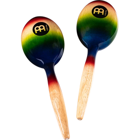 Pair of colorful maracas with wooden handles on a white background
