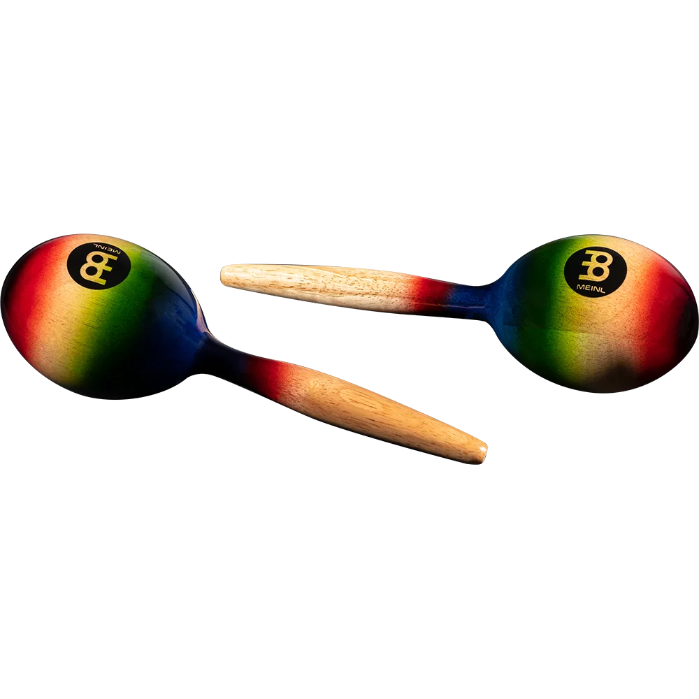 Pair of colorful maracas with wooden handles on a white background